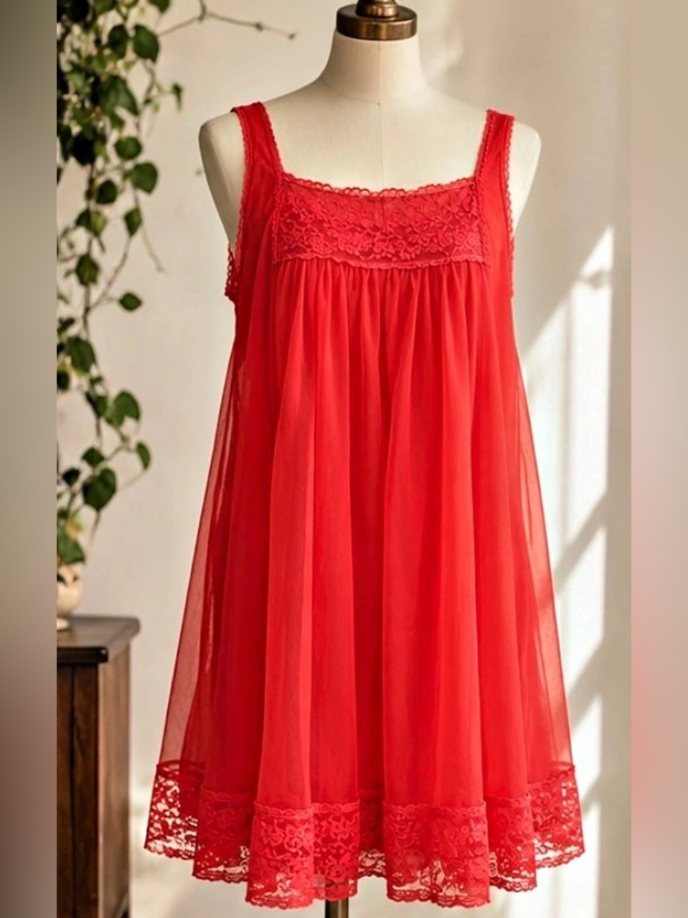 Vintage Miss Elaine Red Nylon Lace Nightgown | Sheer Babydoll Sleep Dress